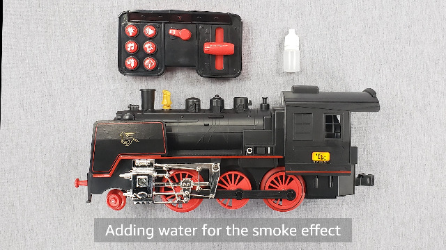 Image of Amazon Basics Remote Control Steam Engine Hobby Train Set with Tender and Gondola and Caboose Smoking, working light and realistic sounds Age 3 or up Perfect for Kids, Multicolor