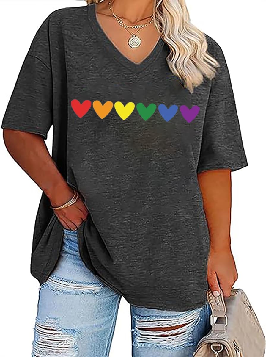 Plus Size Gay Pride T-Shirt Women LGBT Rainbow Graphic Tee Blouse Casual Loose Short Sleeve V-Neck Tunic Tops