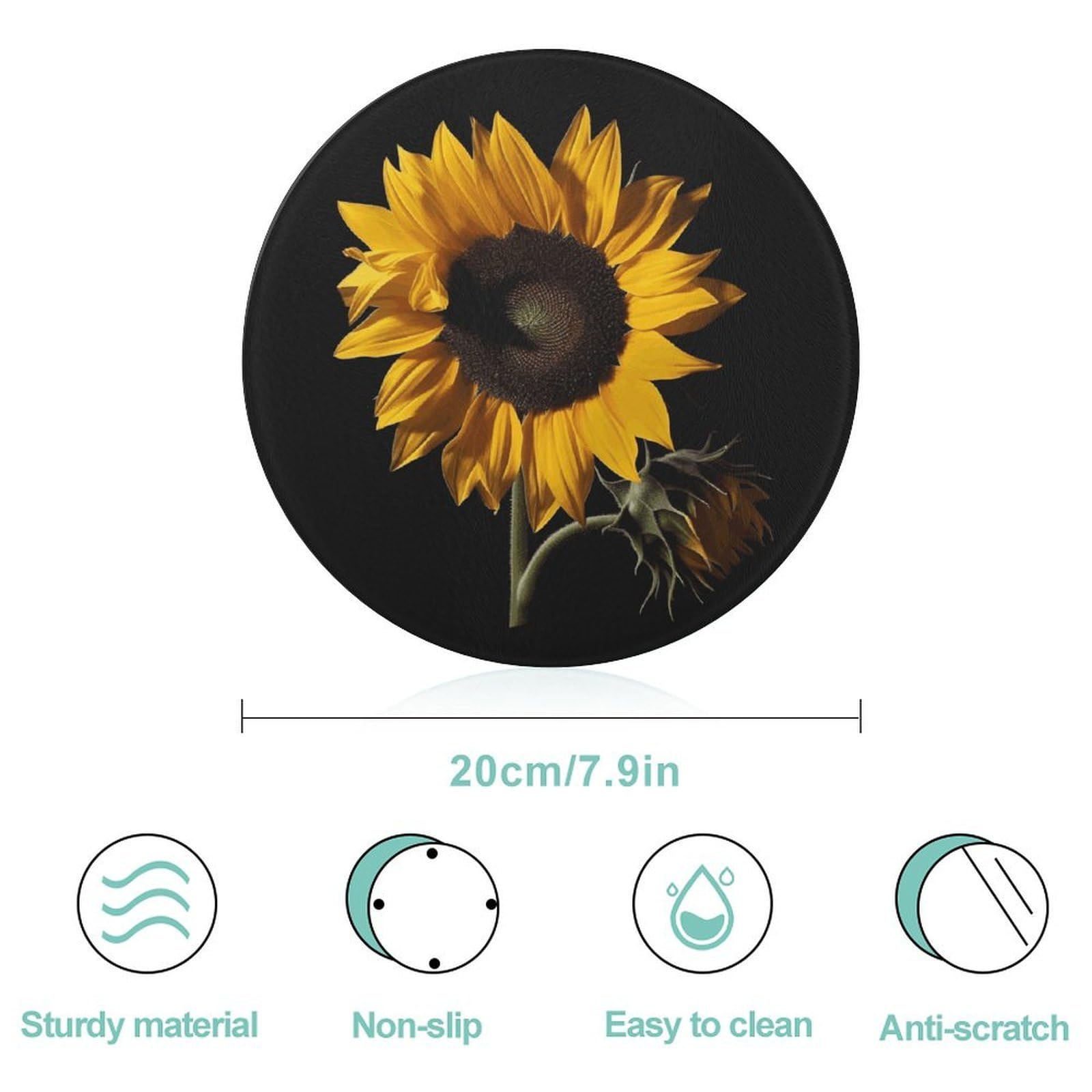 Tabla de cortar redonda con fondo negro de girasol, fácil de limpiar, tablas de cortar para cocina, tamaño grande 7.9, tablas de cortar esenciales de cocina, convenientes para carne y verduras