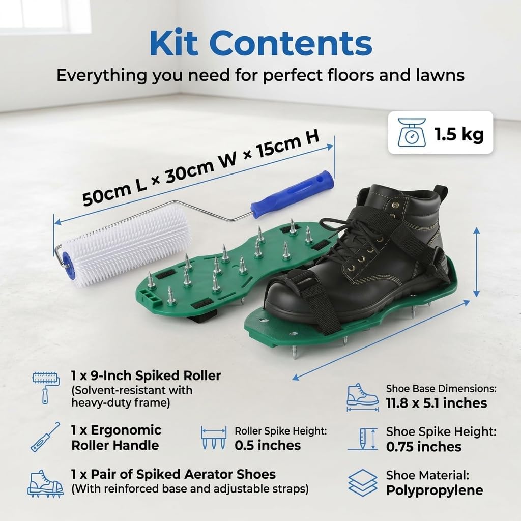 Mother's Day Mom Gift Spiked Roller for self Leveling Cement 9 Inch Heavy-Duty Screed Complete Concrete Tool Kit Screed Kit+ Handle + 1Pair Spike Shoes for Epoxy Flooring & Cement Leveling Garage