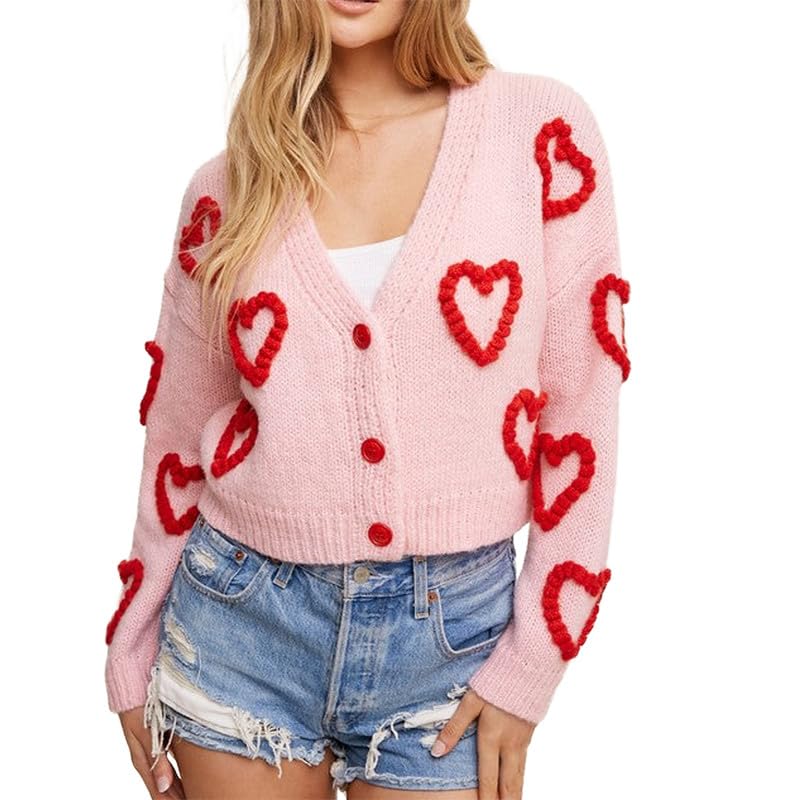 Women Valentines Day Heart Sweater Cardigan Cute Long Sleeve Open Front Knitted Outwear Holiday Party Sweater Tops