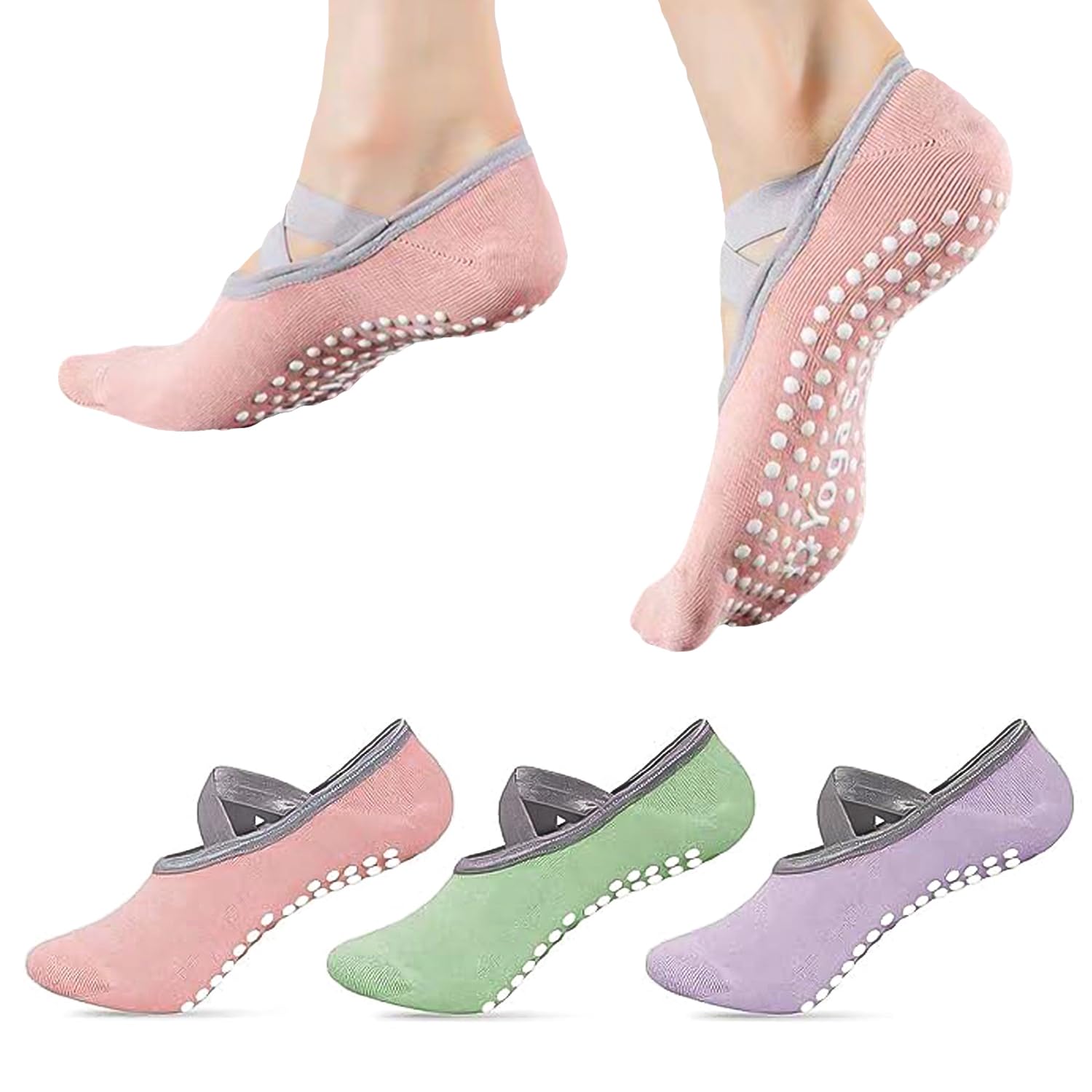 Women’s Cotton Non-Slip Pilates Socks with Grip, Ankle Length Anti-Skid Pilates Socks for Gym, Fitness Exercises Yoga Ballet & Barefoot Workouts - 3 Pairs