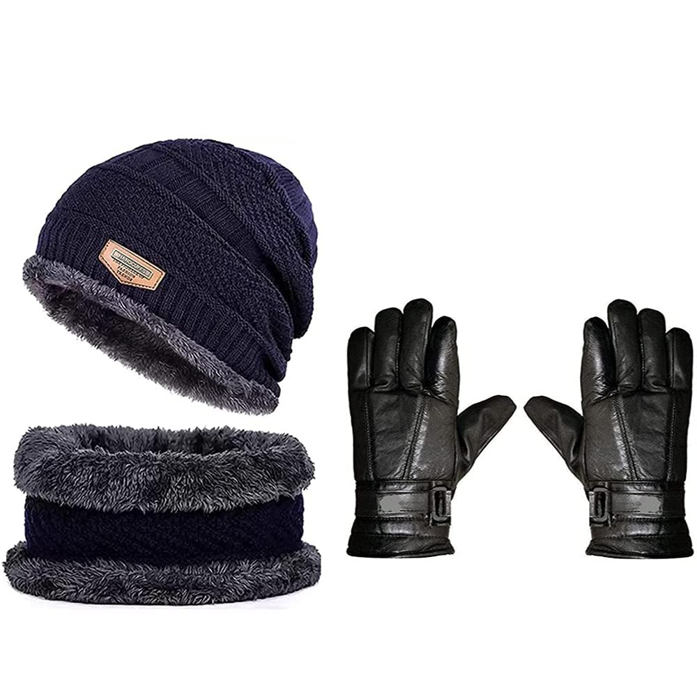 Winter Knit Beanie Cap Hat Neck Warmer Scarf and Leather Gloves Set Winter Cap for Men Women Blue Color Cap and Gloves for Men (Combo of 3 PEC)-image-22