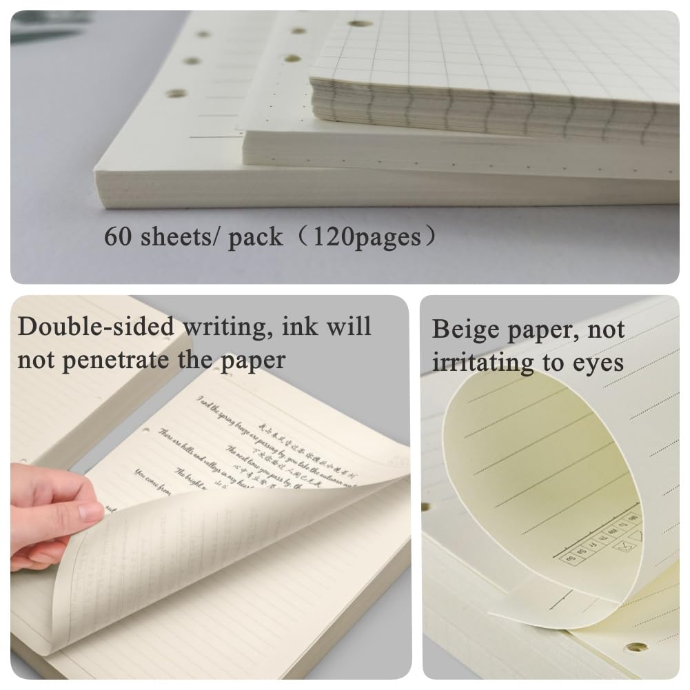 3 Confezioni di Ricarica di Carta A5,6 Fori Ricarica Inserti Di Carta 180 Fogli/360 Pagine,Ricariche di Carta per Raccoglitore Ad Anelli A5,Agende,Planner,Diari (righe+puntinati+quadretti)