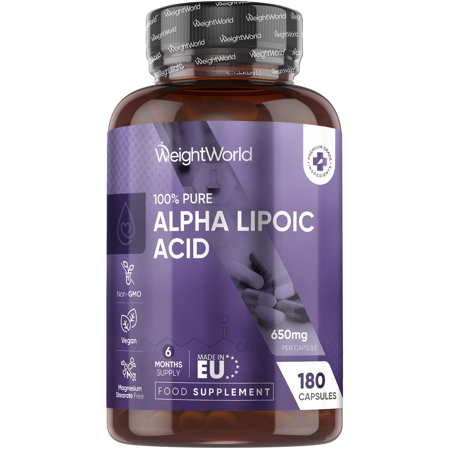 Alpha Lipoic Acid 650mg - 180 Capsules - 6 Months Supply - 1 Capsule a Day - Vegan ALA Supplement - Non-GMO & Magnesium Stearate-Free - No Added Preservatives
