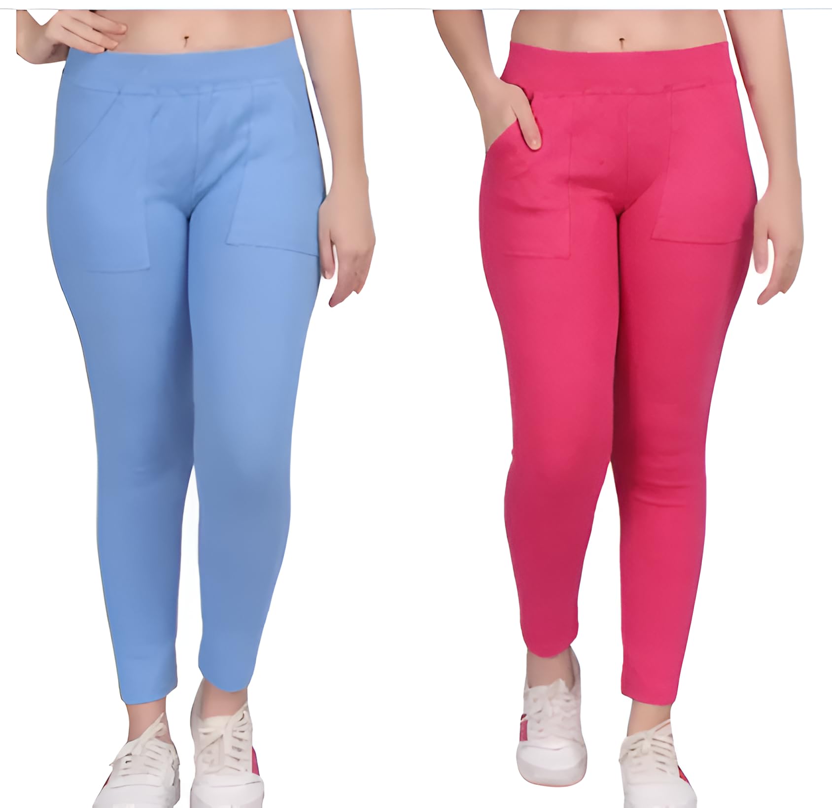 Women's High-Waist Leggings with Pockets, Blue and Pink, 2-Pack, Ankle Length, Casual Wear-picture-29