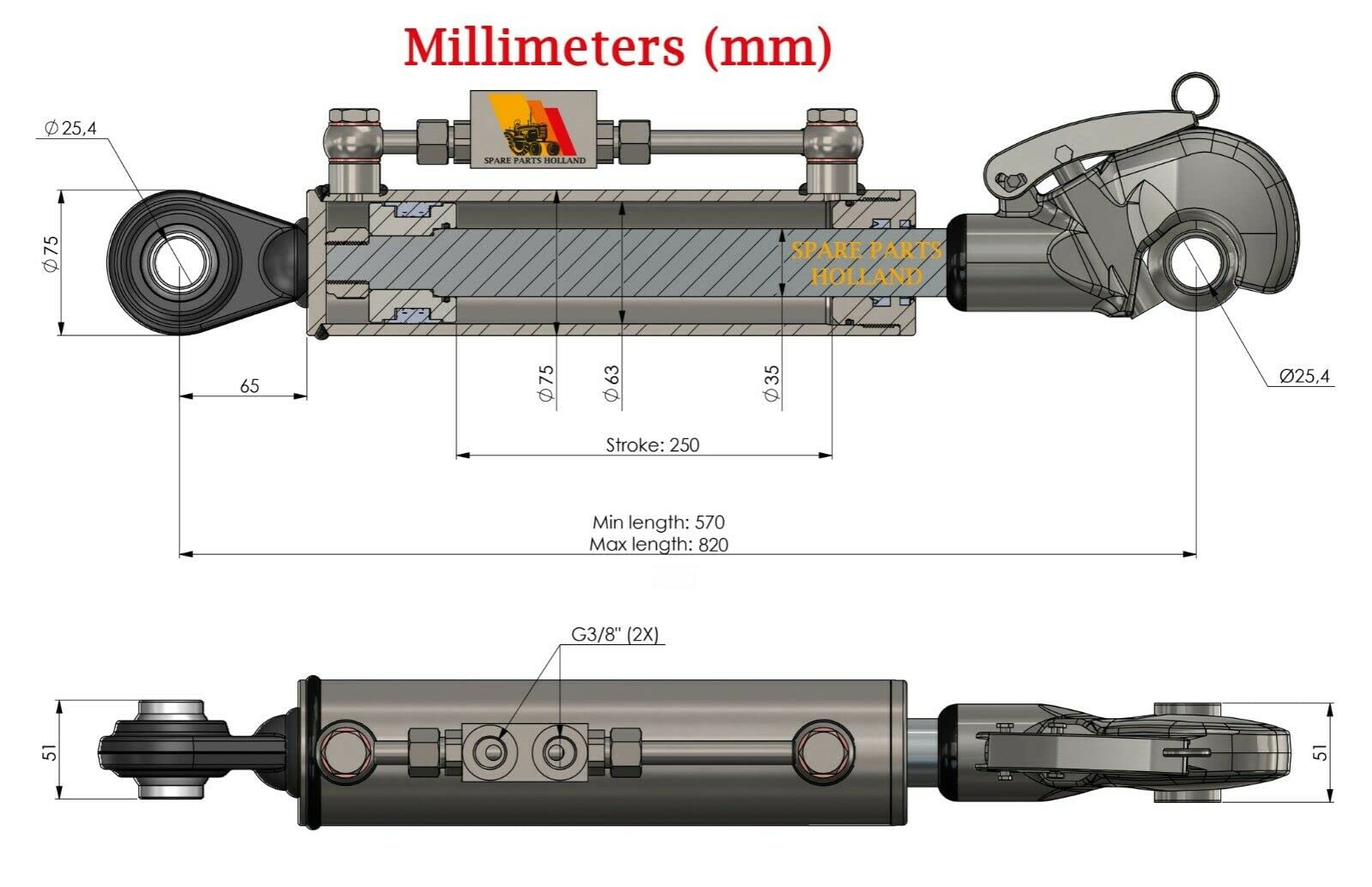 Tercer Punto Hidráulico Cat. 2 (600 - 876 mm) con Engache Rápido, Bloque de Bloqueo y 2 Mangueras
