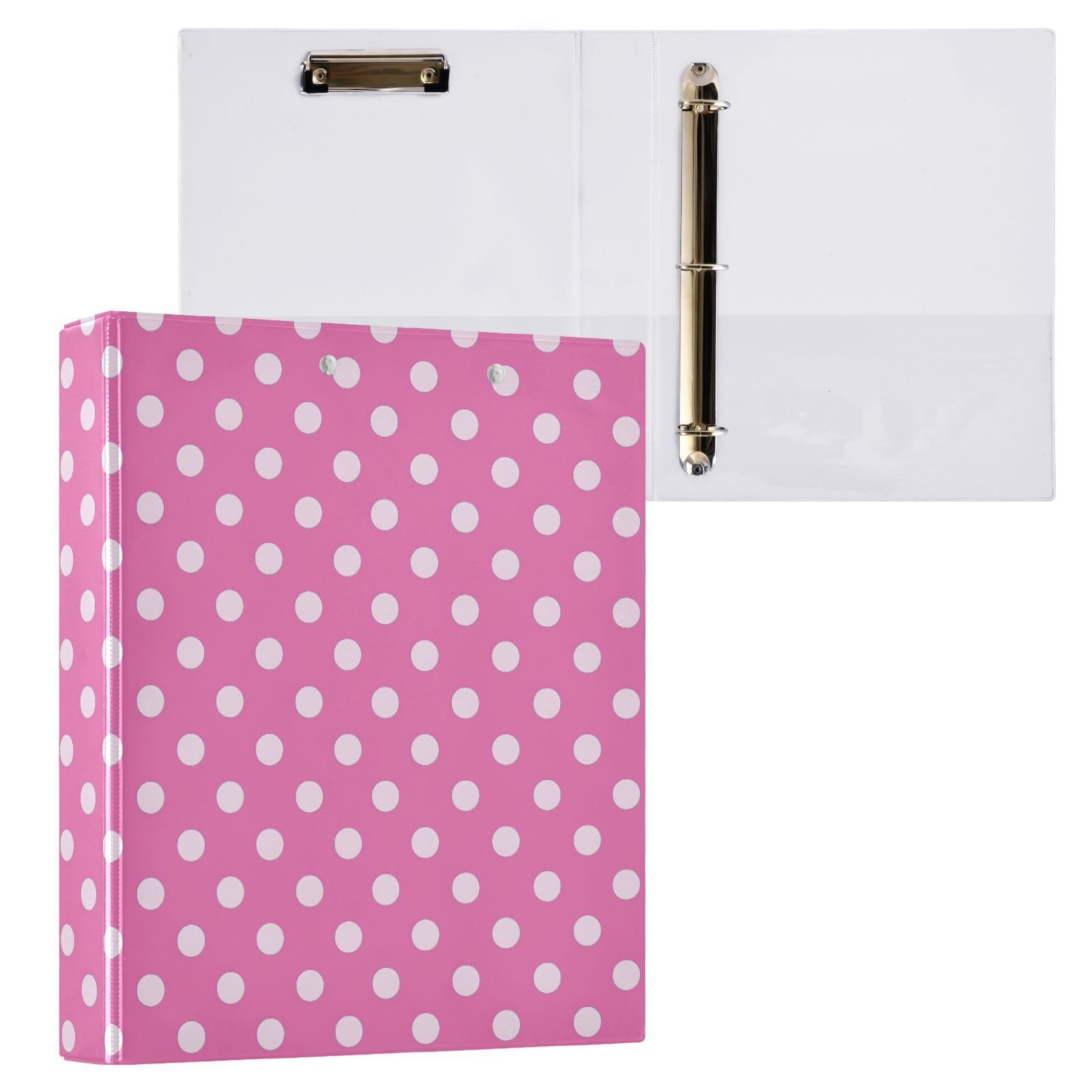 Preppy Pink Polka Dot Classic Pink 3 Ring Binder 1.5" Decorative D-Ring Binder with Clipboard&3 Clear Pockets, Holds 200 Sheets A4 Size Paper Waterproof Binders for School Home Office