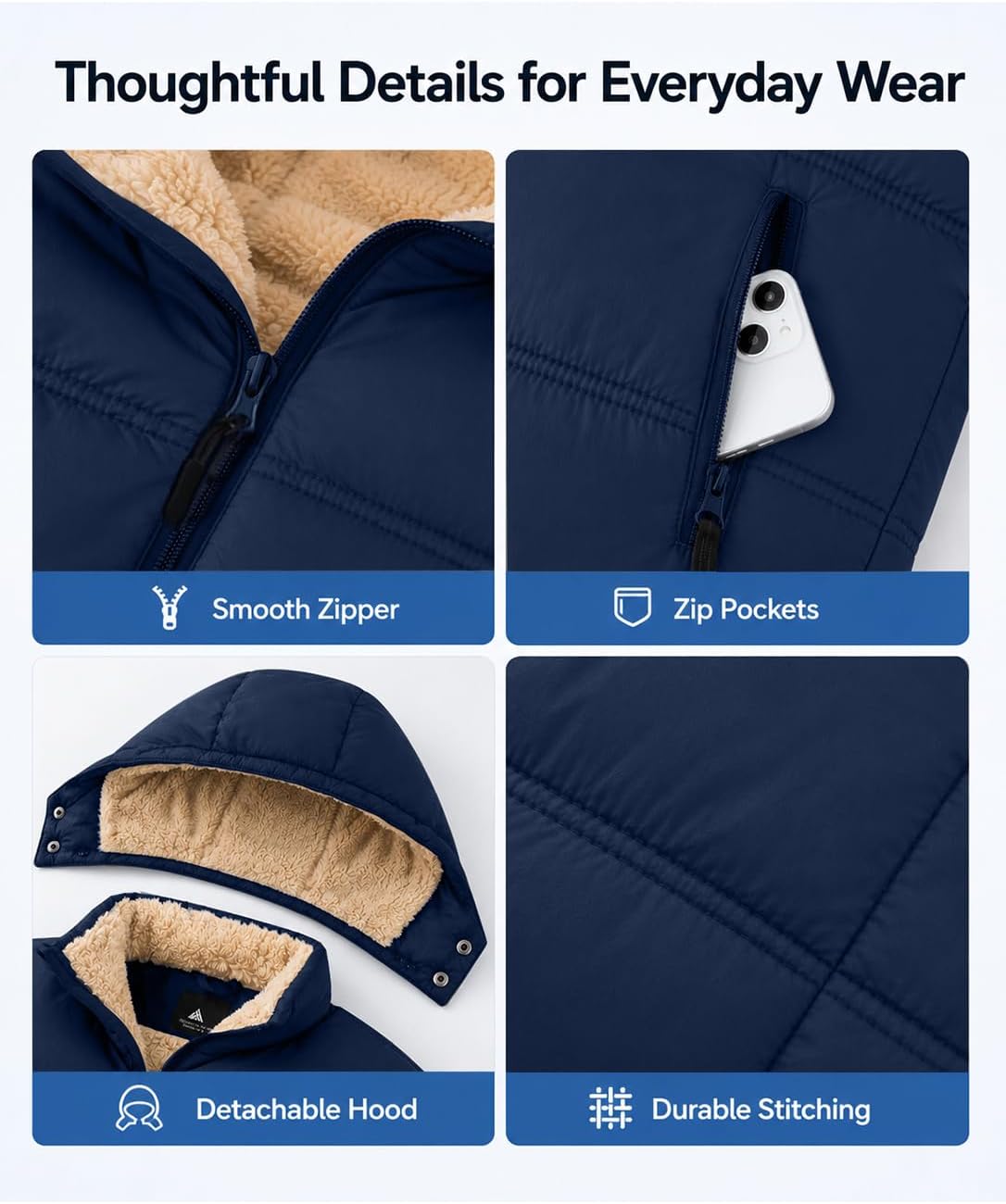 Kids Winter Coat Boys Sherpa Fleece Lined Jacket Girls Thermal Puffer Water-Resistant Outerwear with Detachable Hood