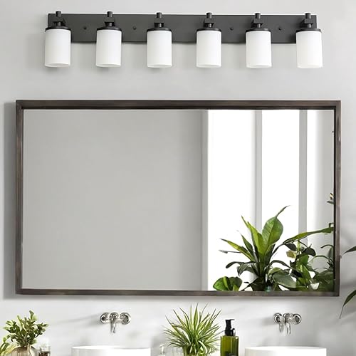 Miniatura 7 de LOUSACE Lámpara de baño sobre espejo, 6 luces de tocador de baño, negro mate con pantallas de vidrio blanco ópalo, base de bombilla E26, apliques de