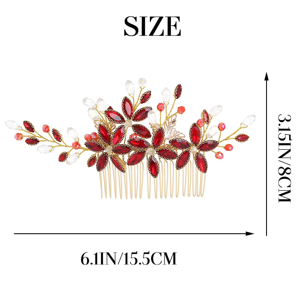 IYOU Sposa Nozze Pettine per Capelli Strass Rosso Pezzo di capelli Fiore Ballo Studentesco Festa Copricapo Accessori per Donne