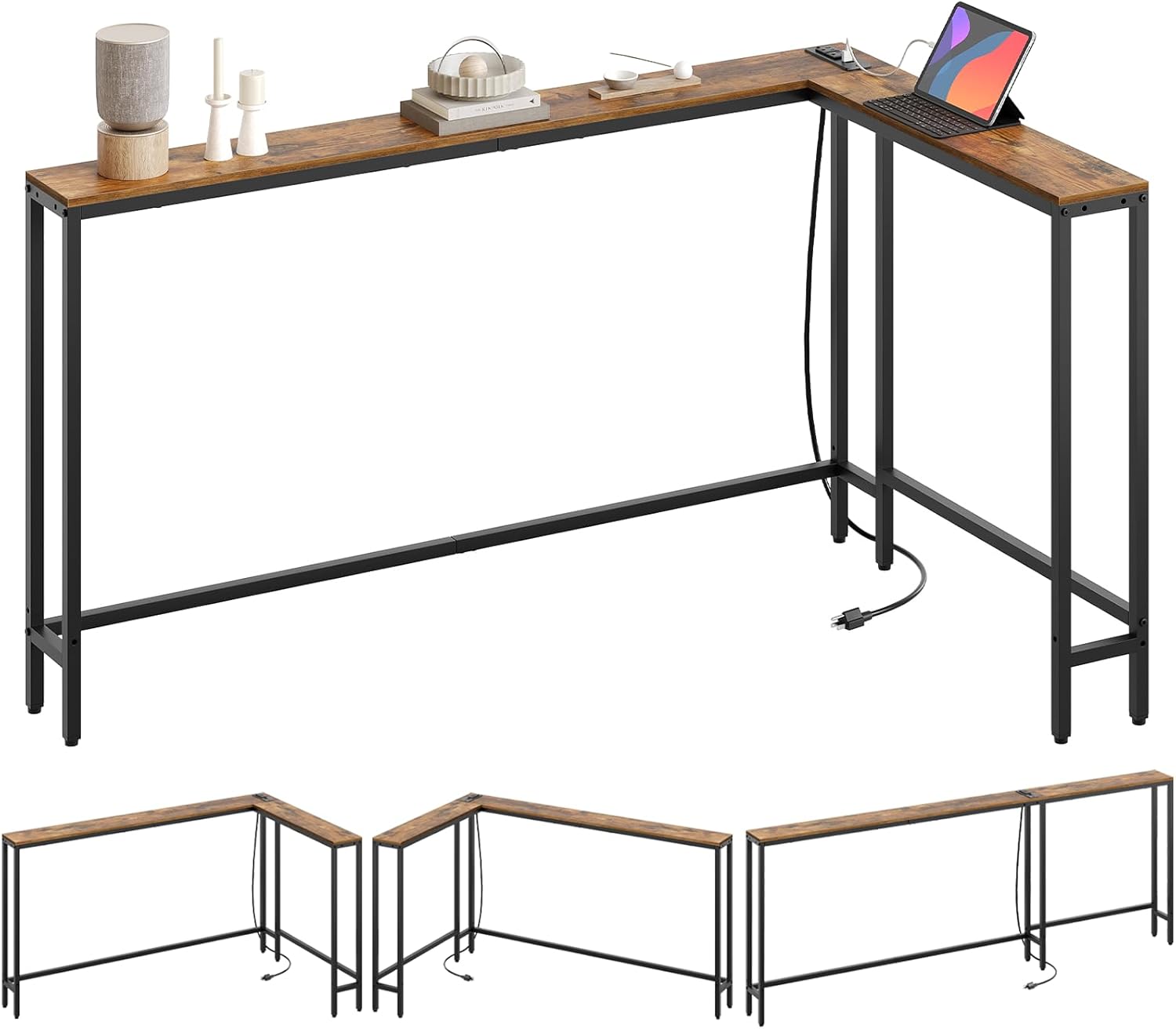 Narrow Console Table with Outlets, 78.7" Sofa Table Narrow Long, L Shaped Behind Couch Entryway Table with Charging Station, for Living Room, Hallway, 3 Assembly Options, Rustic Brown CT17UBR 78.7"L x 5.9"W x 29.5"H Rustic Brown + Black