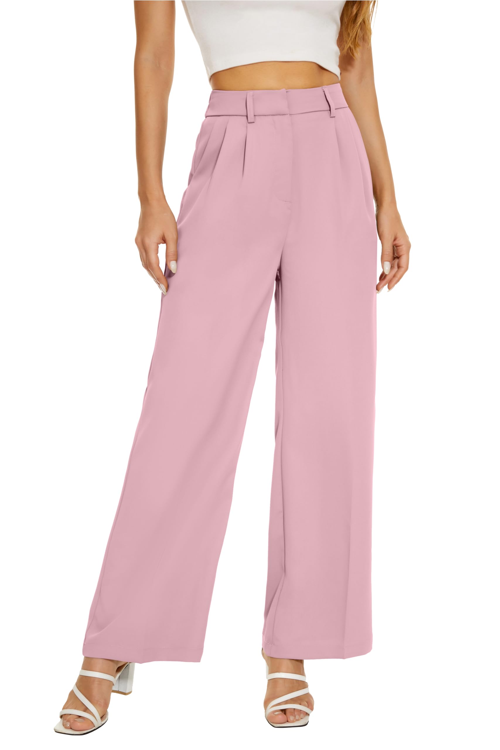 KICZOY Women Office Wide High Waist Pants Loose Fit Elastic Waist Pleated Front Trousers for Work Casual