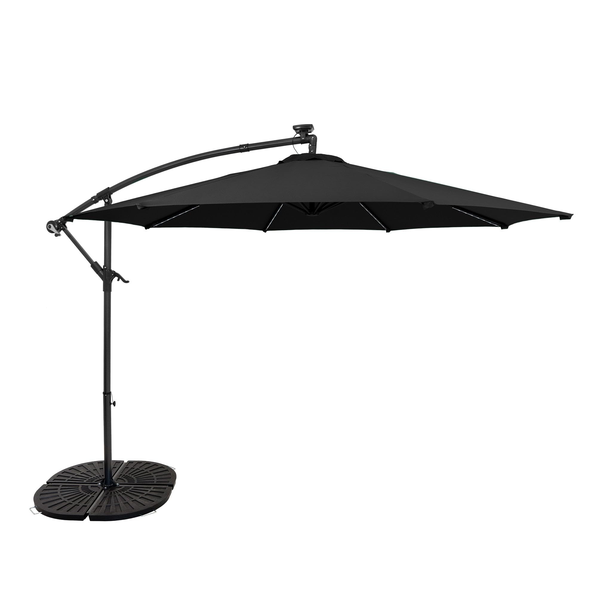 Black 3m LED Cantilever Parasol Banana Hanging Umbrella & Full Fan Garden Sun Shade Canopy Patio Outdoor UV Protection Winding Crank 104 Solar Power Lights Cool White 8 Ribs Waterproof Rain Cover