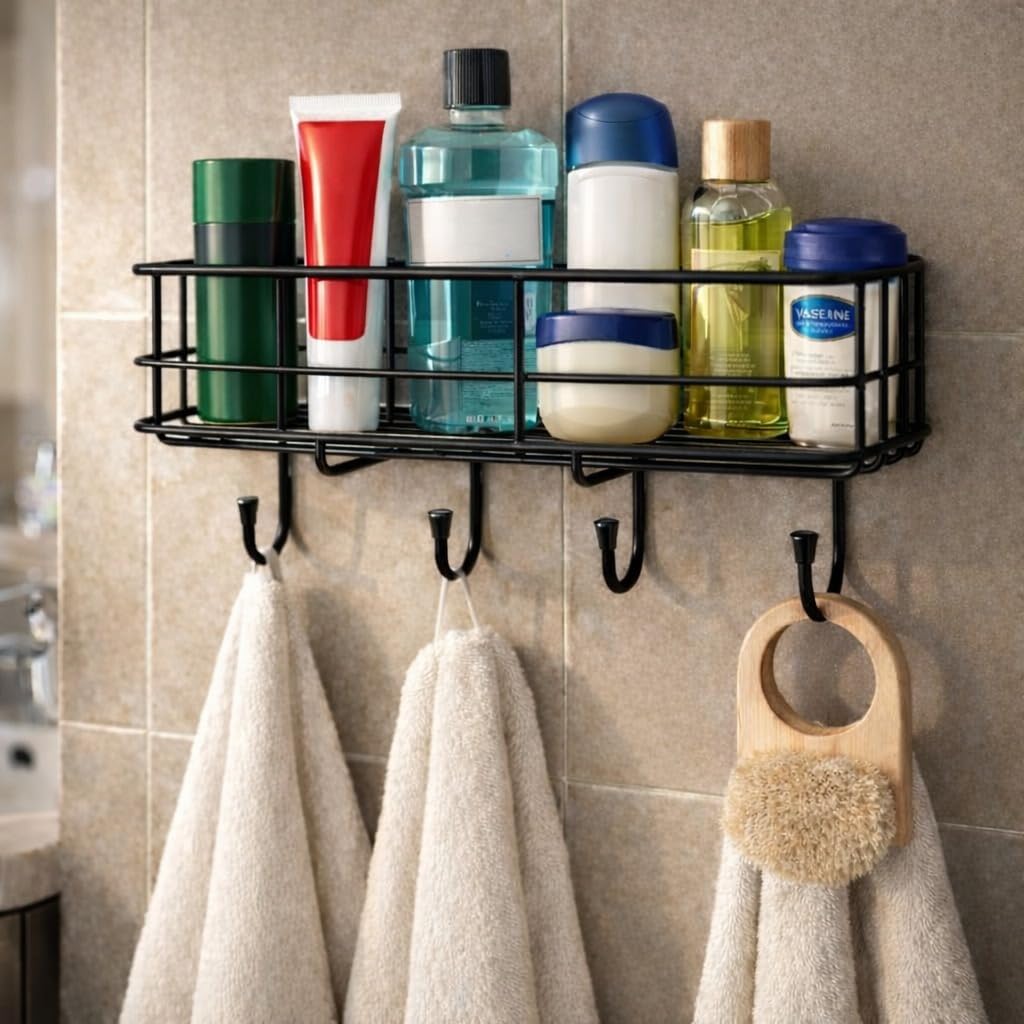 Bathroom Organizer Without Drill | GI Steel Self Adhesive Bathroom Shelf for Wall | Rustproof Wall Mounted Bathroom Stand for Shampoo, Soap & Accessories-image-49
