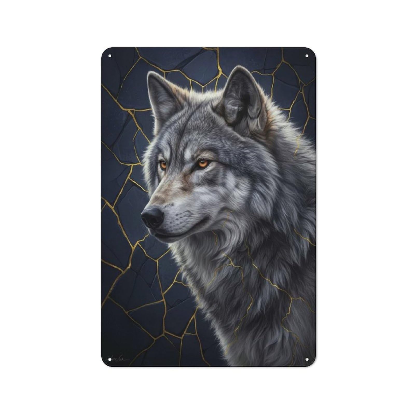 For Hobby Room Or Studio, Kintsugi Wolf with Golden Cracks Rustic Metal Sign 30x20cm, for Creative Interior Collectors Refreshing A Room in Autumn
