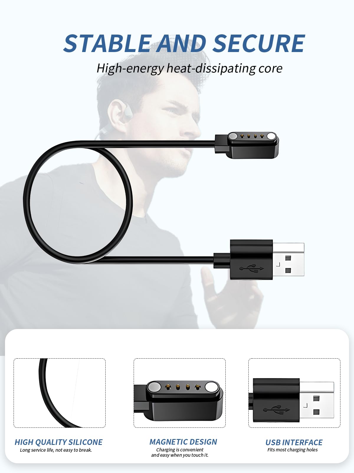 Lot de 2 câbles de charge pour casque Rhyfell Wild 5 à conduction osseuse, cordon de charge USB stable compatible avec Rhyfell Wild 5