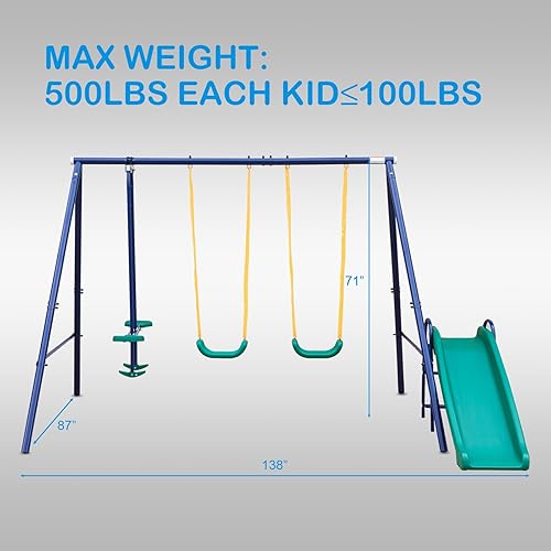 Miniatura 3 de Juego de columpios para niños, patio trasero, patio trasero, juegos de columpios de metal resistentes con tobogán al aire libre (4 en 1)