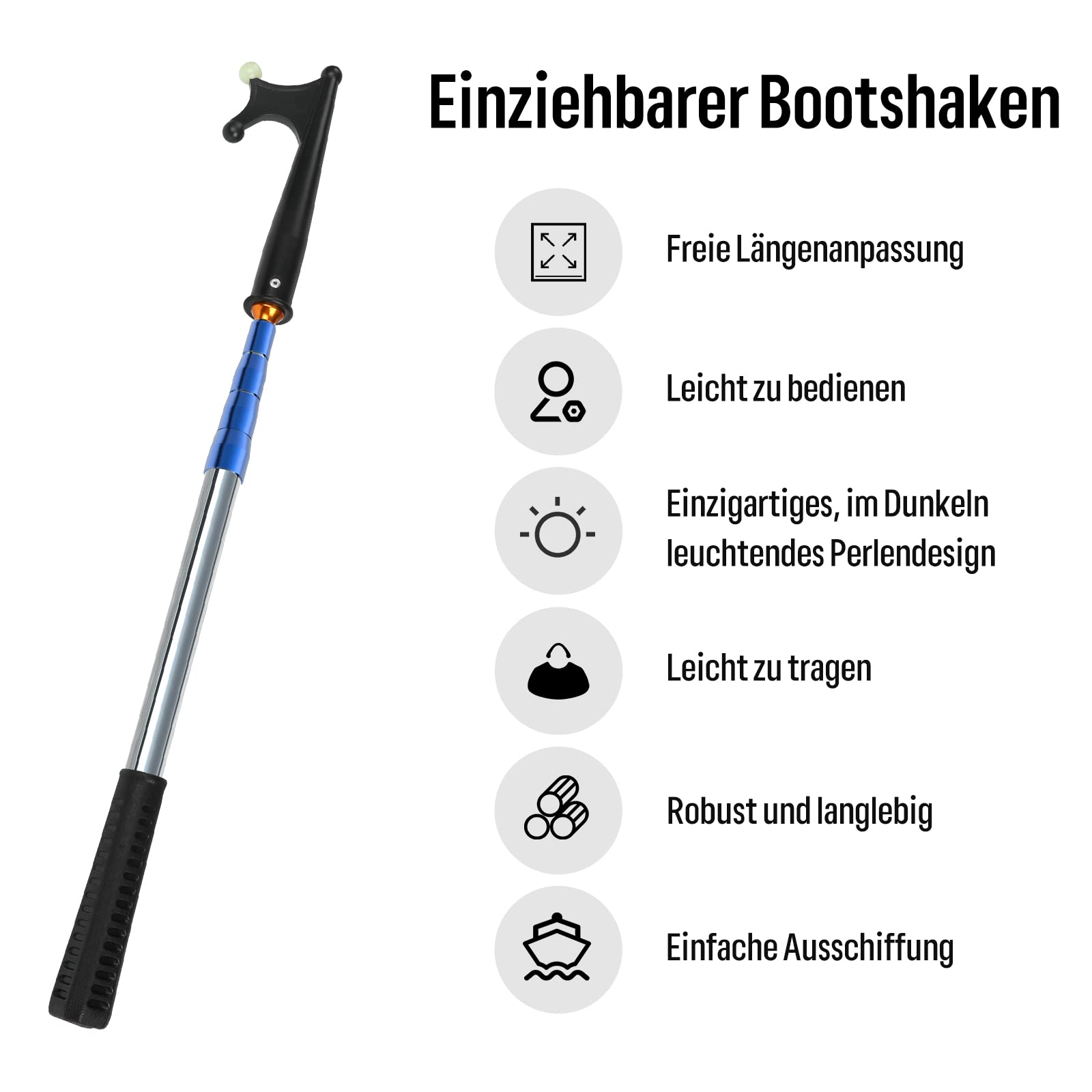 KOMCLUB Teleskop Bootshaken | Kompakt zusammenklappbar & platzsparende Lagerung, Vielseitiger Allround-Helfer für alle Wassersportler
