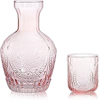 Vista 7 de Jarra de agua de noche de cristal retro en relieve con vaso, jarra y taza de noche, color rosa