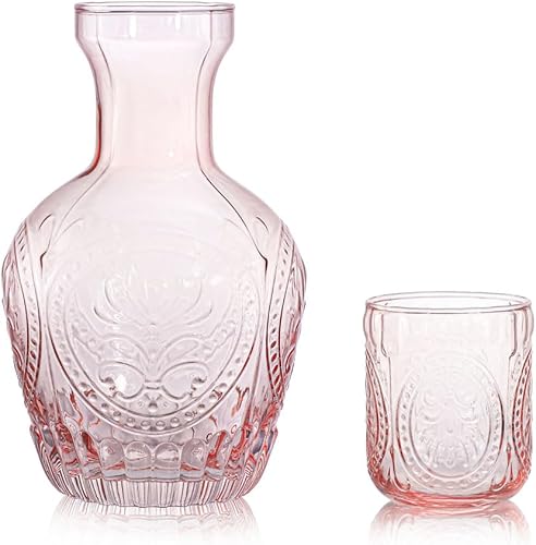 Miniatura 7 de Jarra de agua de noche de cristal retro en relieve con vaso, jarra y taza de noche, color rosa