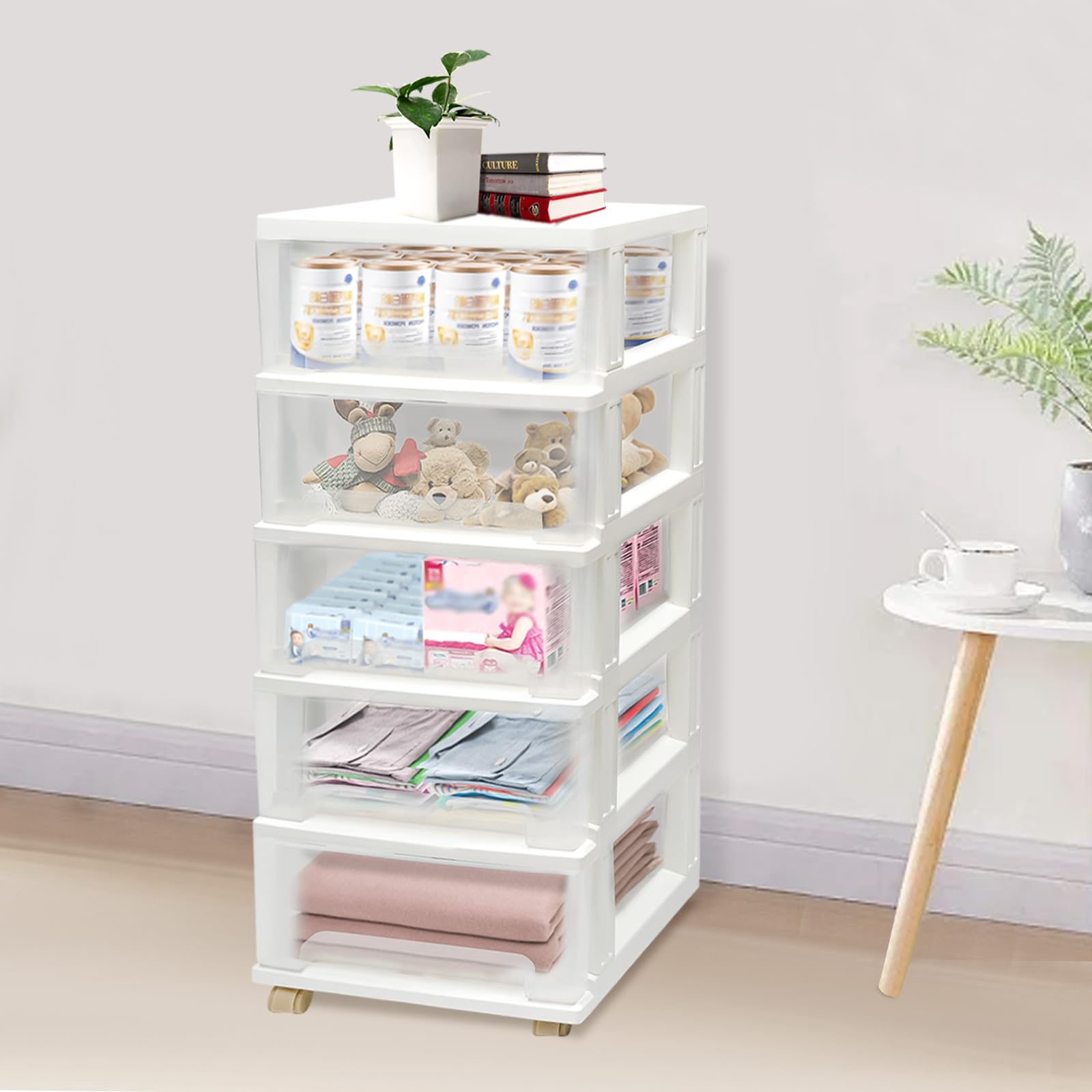 Cassettiera bianca | Cassettiera con 5 cassetti in plastica trasparente per scrivania, ufficio, cassetti, scatola con cassetti (bianco)