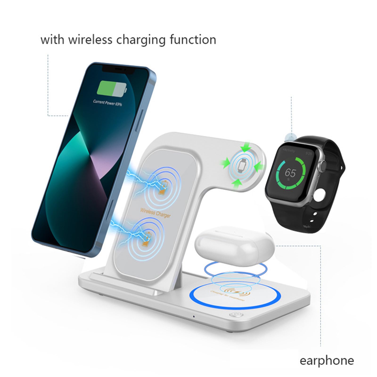 Supporto 3 in 1 molto sottile per wireless con tecnologia a doppia bobina, veloce e sicuro per smartphone, smartwatch, utilizzare telefoni pieghevoli, caricabatterie