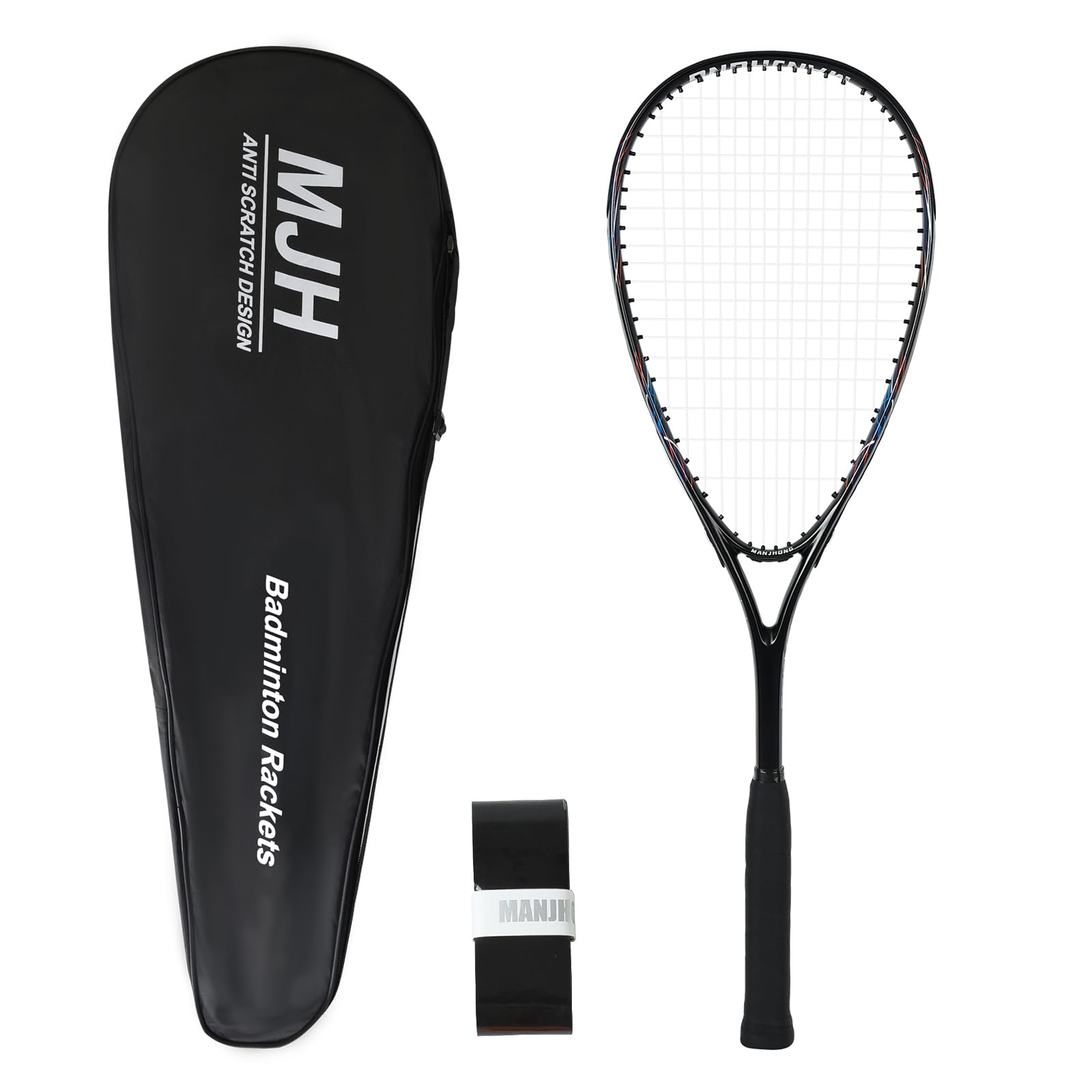 MANJHONG Squash Racket (Beginner Frame) Aluminium Racquet Incl. Carrying Bag & Grip Tape, Black