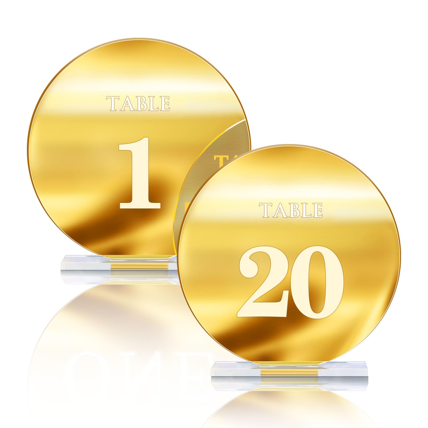 Numeri da tavolo in acrilico da 1 a 15 con supporto, 12,2 cm, rotondi, a specchio, color oro, per ricevimenti di nozze, feste, eventi, decorazione centrotavola (oro, 1-20)