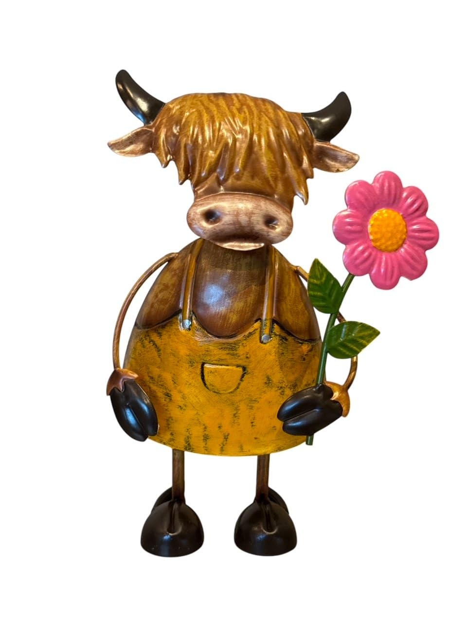 STC World Garden Statue Hairy Cow Metal Figurine Wearing Bib Overall Indoor Outdoor Lawn Greenhouse Home Patio Decoration Tall 11" H (Cow with Pink