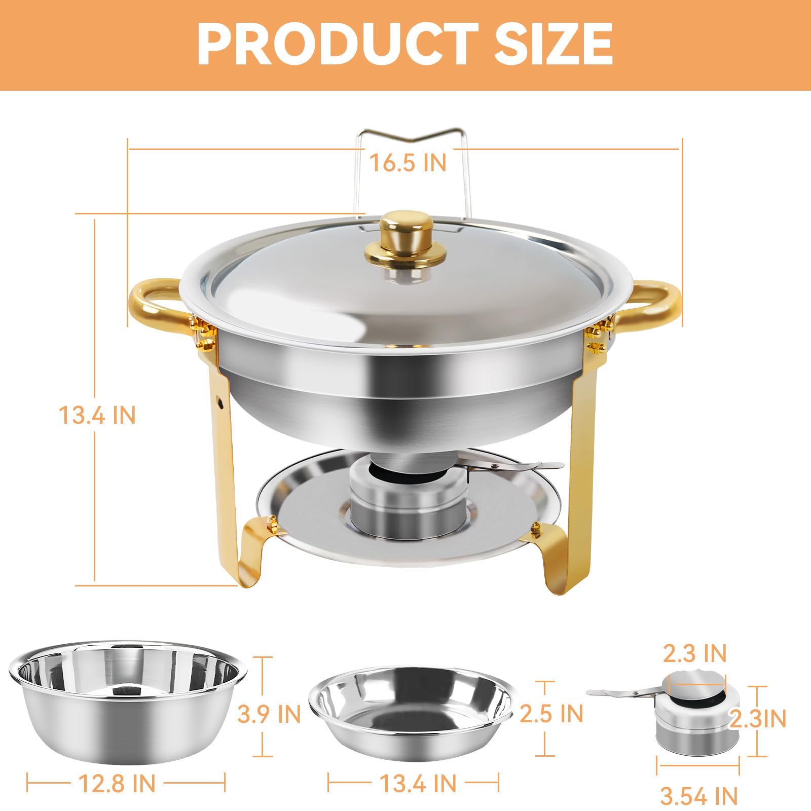 4.8 QT 4PC Scaldavivande per buffet con coperchio, scaldavivande rotondo per buffet, forniture per catering display buffet, vassoi da portata per riunioni, server per alimenti in acciaio inox per