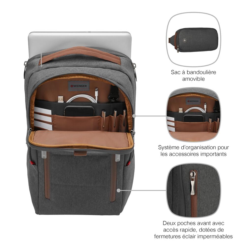 WENGER CityUpgrade Sac à Dos pour Ordinateur Portable 16 Pouces avec Sac en Bandoulière, Tablette Tactile 12 Pouces, 15 l, Femmes Hommes, Affaires Uni École Voyages, Gris, 606489