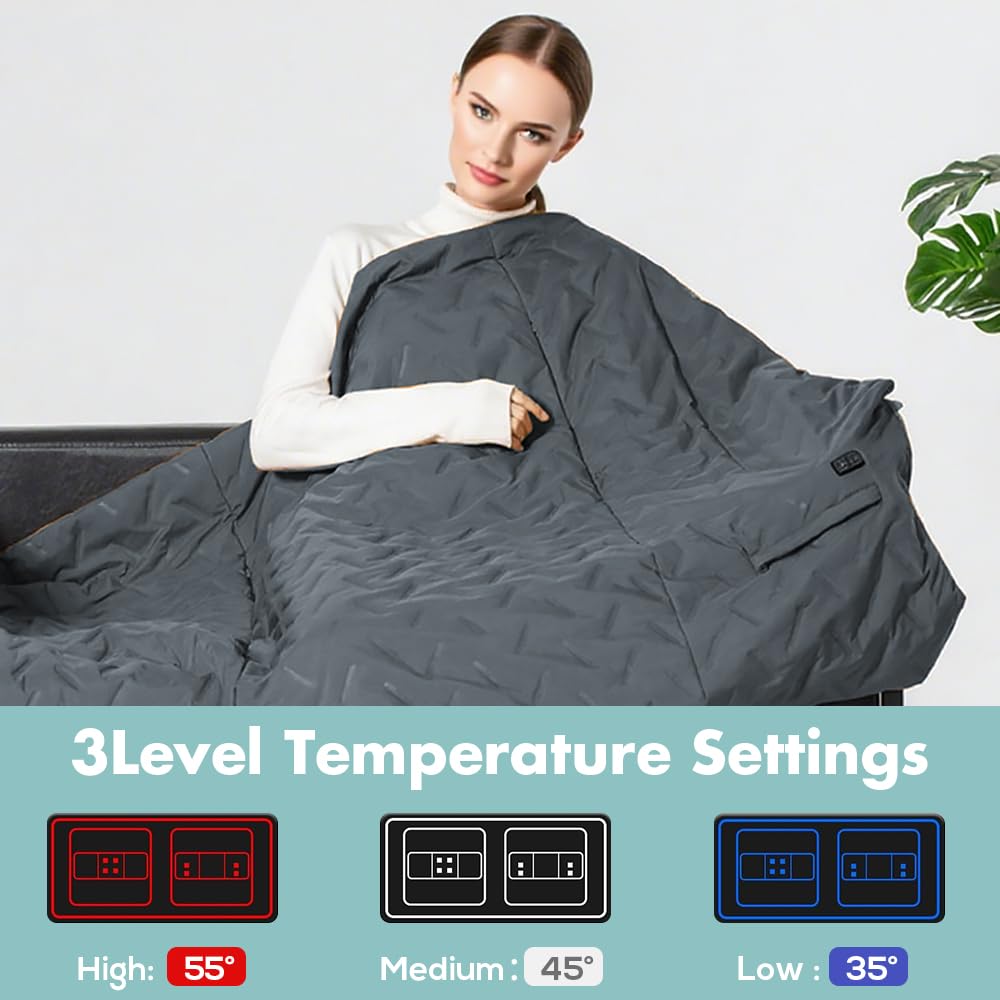 Coperta elettrica con batteria senza fili, 140 x 112 cm, batteria da 10000 mAh, coperta termica USB con 12 zone di riscaldamento e 3 livelli di regolazione della temperatura, lavabile, per casa