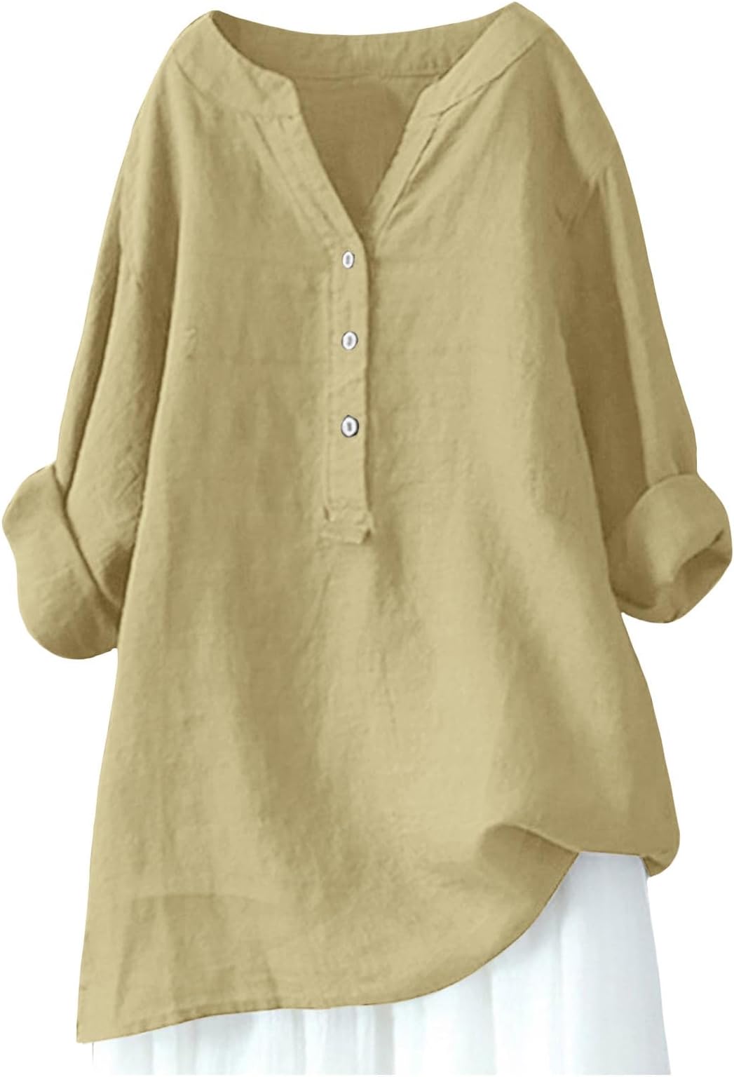 - Women's Cotton Linen Button Down Shirt Long Sleeve V-Neck Tunic Top Loose Fit Casual Spring Summer Blouse