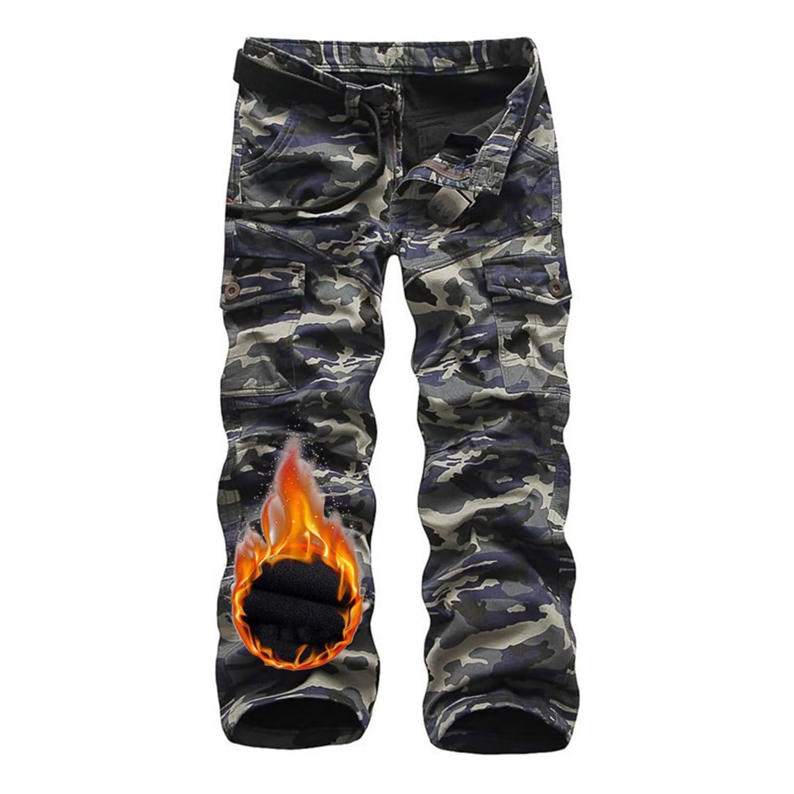Rivccku Men's Combat Camo Cargo Trousers Camouflage Tactical Work Pants Fleece Lined Warm Hiking