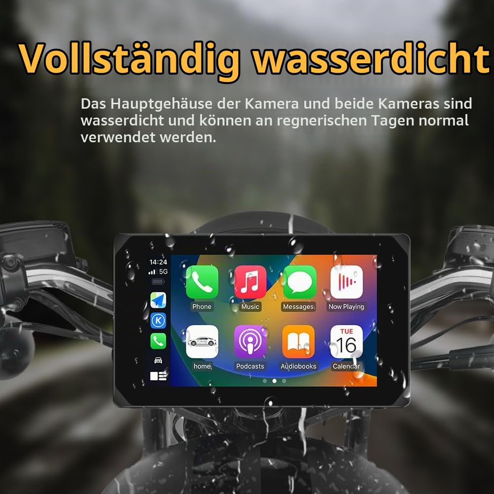 VSYSTO Motorrad Carplay Bildschirm, Kabelloses CarPlay und Android Auto, 5.0 Zoll Tragbare Wasserdichtem Touchscreen 1080P Motorrad-Kamera mit GPS Navigation, Bluetooth, Parkmonitor, Rückfahrkamera