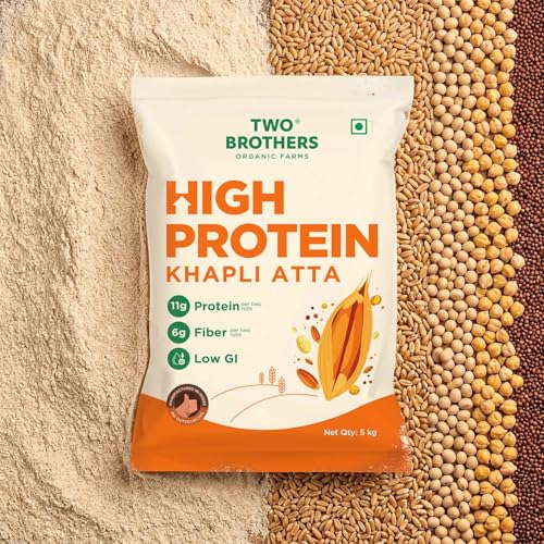 Image of Two Brothers Organic Farms - Khapli Protein Atta (5kg) | Certified Glyphosate-Free | 11g Protein & 6g Fiber Per 2 Rotis | Low GI Emmer Wheat | 2X Protein vs Regular Atta | No Additives | Slow-Milled