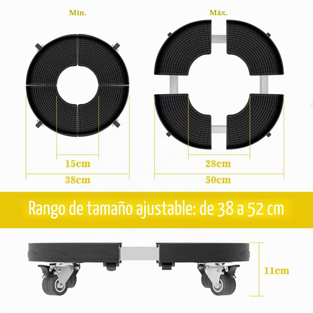Plataforma con Ruedas Ajustable 38-59 cm, Soporte para Plantas con Ruedas 360°Giratorias Bloqueables, Base con Ruedas para Macetas Capacidad de 250 KG, Carro Transporte para Jardín (A)