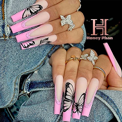 Ezpieces Fake French Nails with Glue, Press on Nails with Butterfly Long Coffin Nails, Acrylic Nails Artificial French Tip for Women/Daily/Party, 24PCS/Set(Butterfly Knoll)