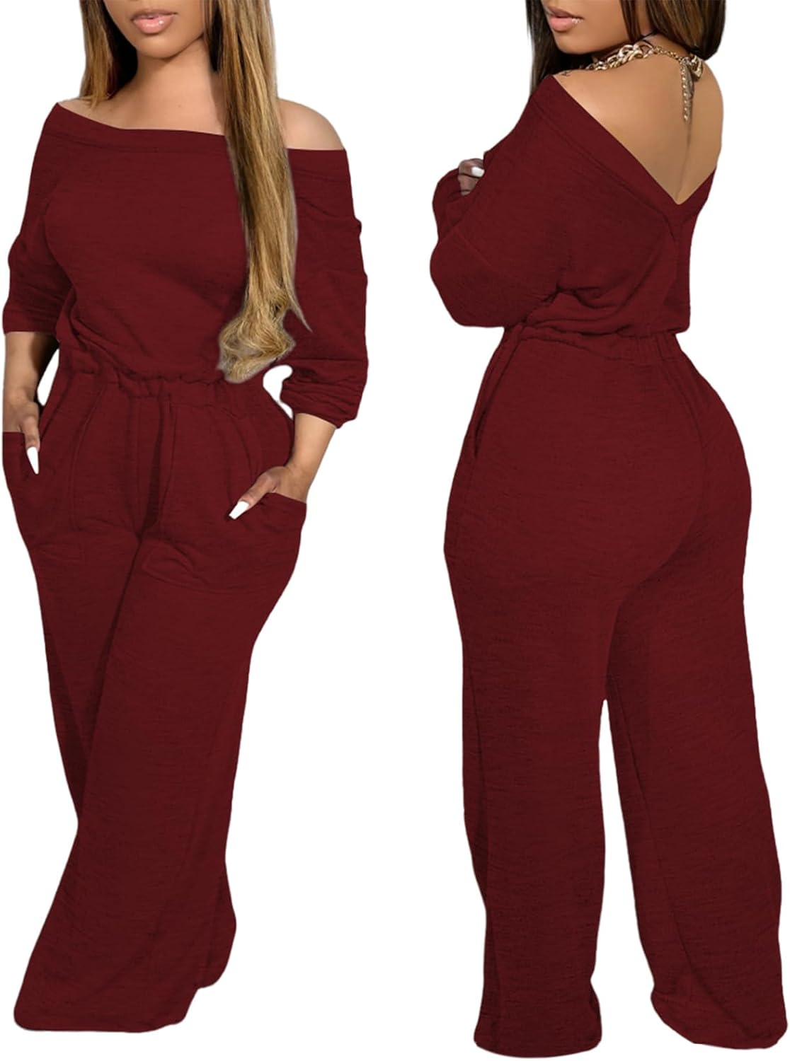 CHICME Womens Casual Jumpsuit Off the Shoulder Jumpsuits for Women Long Sleeve Wide Leg Pants Dressy Overalls