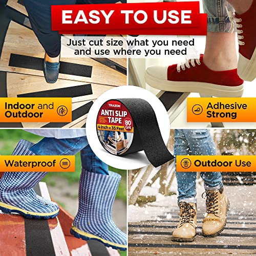 Image of Grip Tape - Heavy Duty Anti Slip Tape for Stairs Outdoor /Indoor Waterproof 4Inch x 35Ft Safety Non Skid Roll for Stair Steps Ramp Traction Tread Staircases Grips Adhesive Non Slip Strips Walk Black
