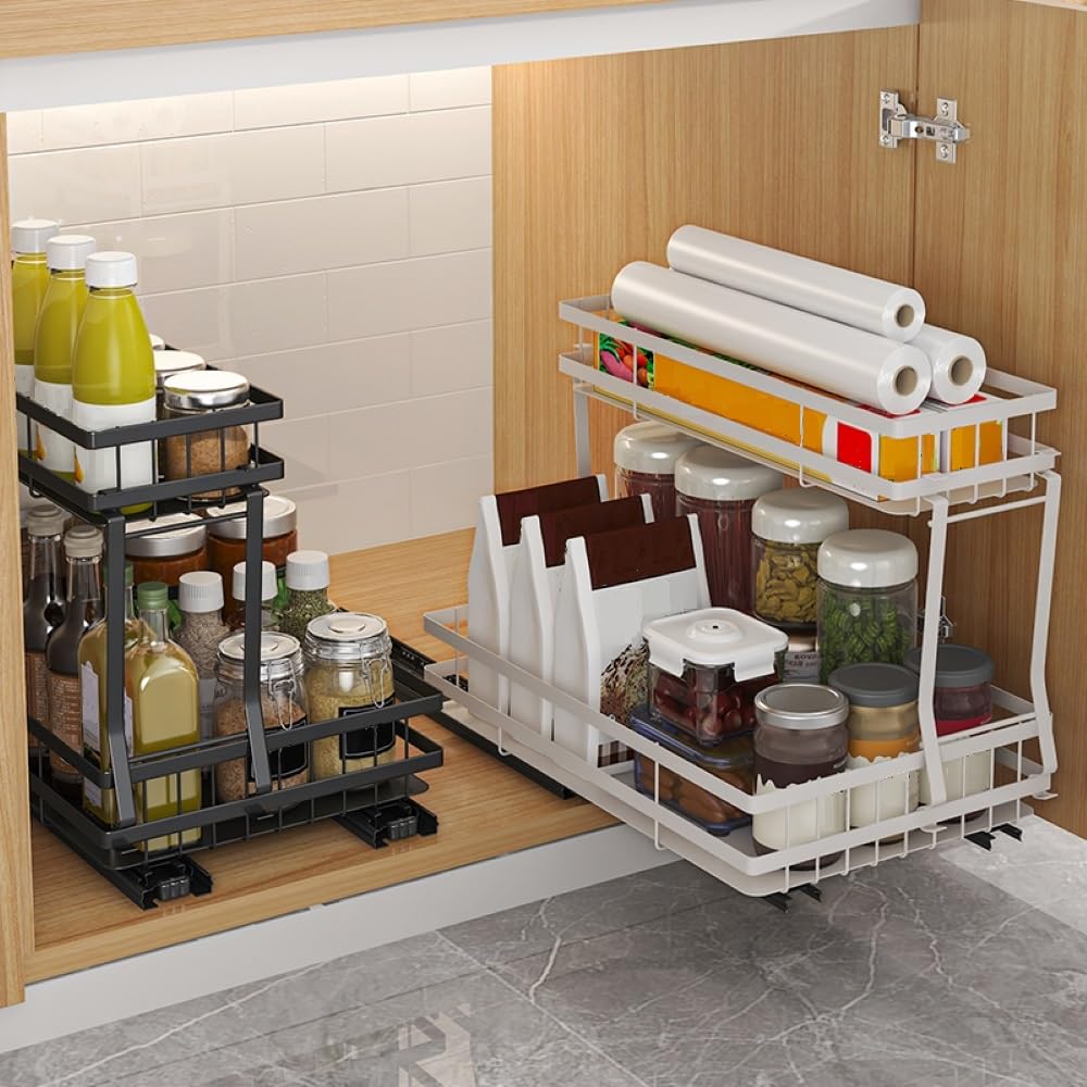 Generic 2-Tier Under Sink Organizer - Pull Out Carbon Steel Storage for Bathroom and Kitchen Cabinets - Black, 1 Pack Black