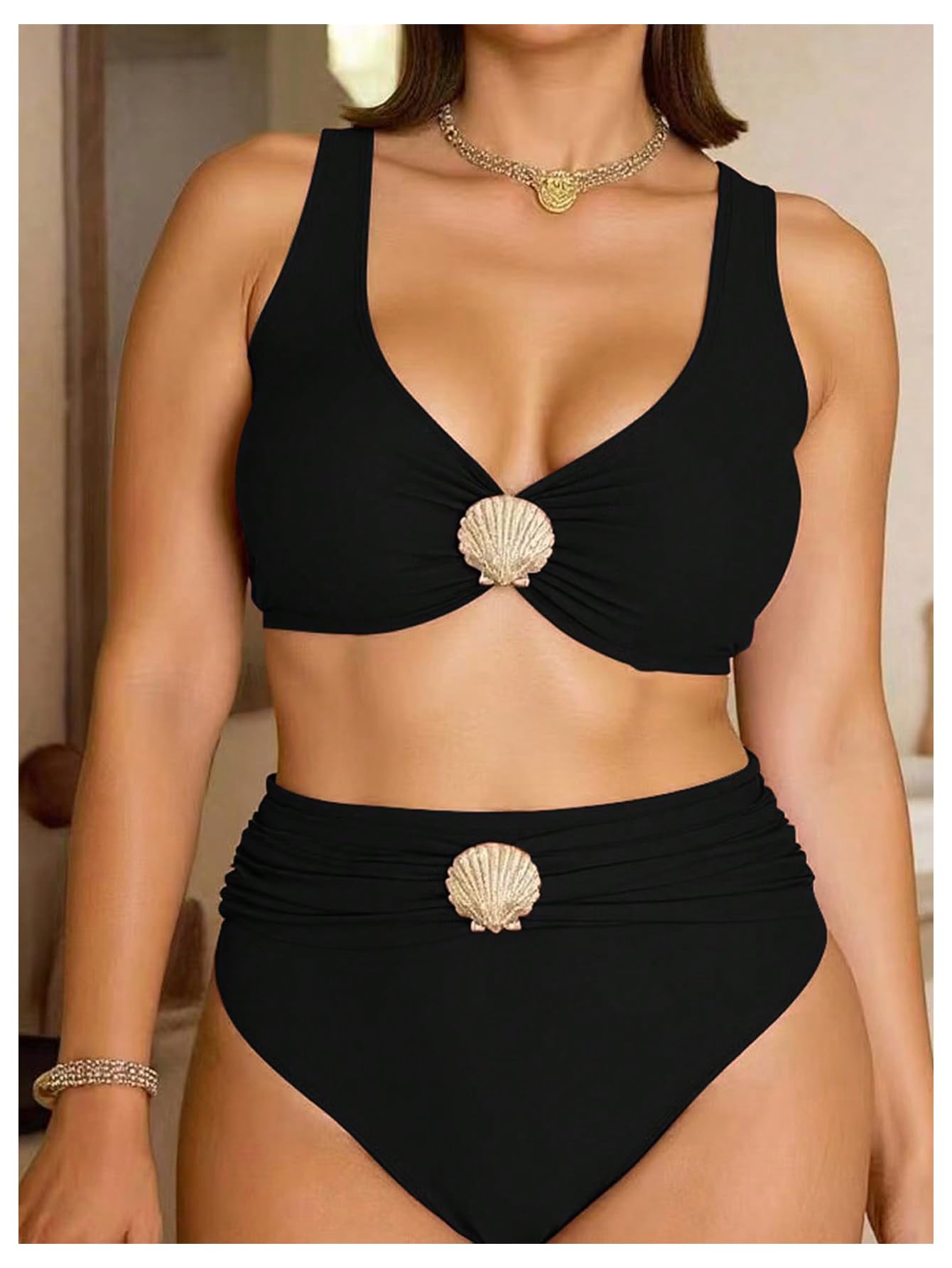 Set Bikini A Vita Alta Taglie Forti da Donna Costumi da Bagno con Volant con Conchiglia in Metallo Costume da Bagno con Spalline Larghe Nero 3X-Large Plus(4X-Large Plus)