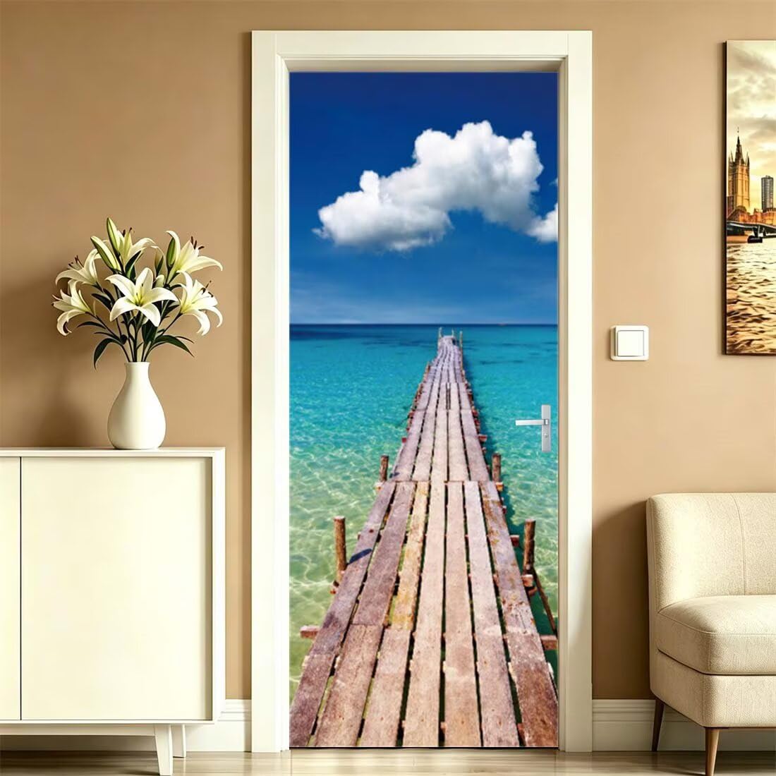 Adesivi per Porte Interne 95x215 3D Adesivo Porta Paesaggio Marino | Molo in Legno Pellicola per Porte, Autoadesiva, Adesiva Poster Sticker Murale, PVC, Impermeabile, Rimovibile (DS51)