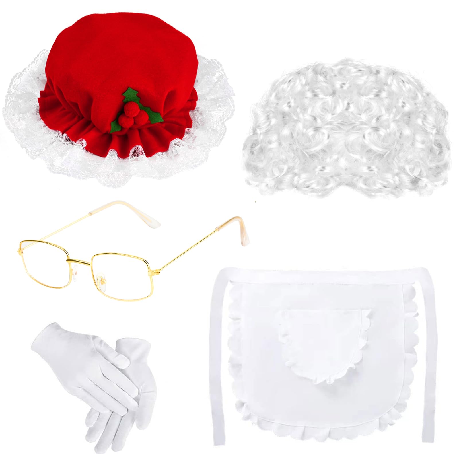 5 Pcs Women's Santa Dress Costume with Hat, Wig, Glasses, Apron and Gloves for Christmas Party Cosplay