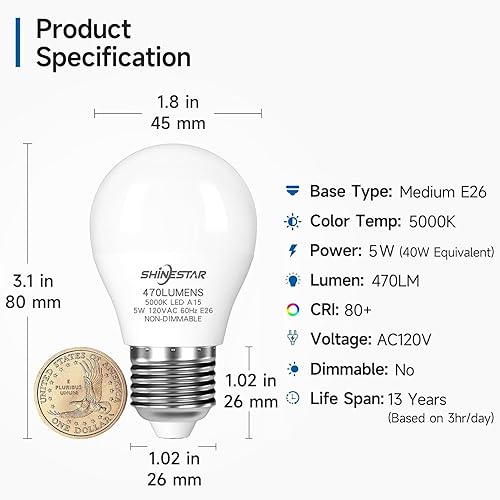 Miniatura 3 de SHINESTAR Paquete de 8 bombillas LED A15 con base E26, equivalente a 40 W, luz blanca diurna de 5000 K, no regulable