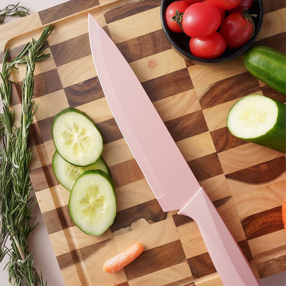 14-teiliges Messerset, Küchenmesser Set mit Messerblock und Wetzstahl – Edelstahlmesser, Mit Ergonomischer Griff, Scharfe Messer, Ideal für Haushalt, Profis,Hacken, Schneiden, Würfeln. (Rosa)