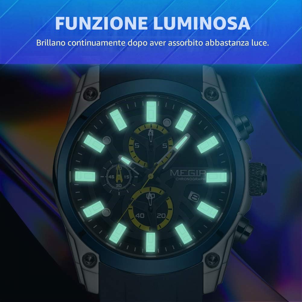 MEGIR Orologio da uomo, analogico, sportivo, al quarzo, con cronografo luminoso, cinturino in silicone