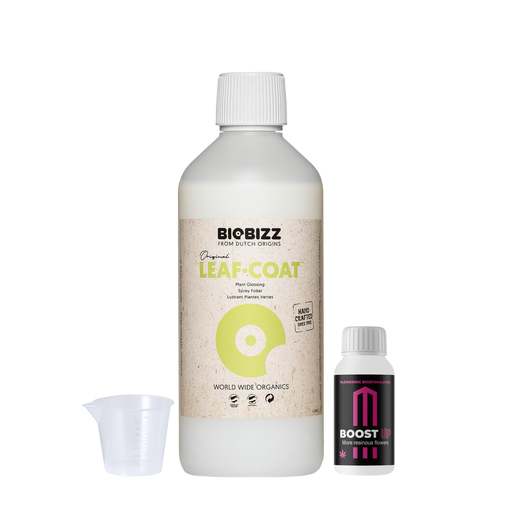 GROWMANIA Leaf Coat de BioBizz 500 ml + échantillon Boost Up Nutrients + Verre doseur | Protection foliaire organique pour jardins urbains | Protection contre les facteurs environnementaux