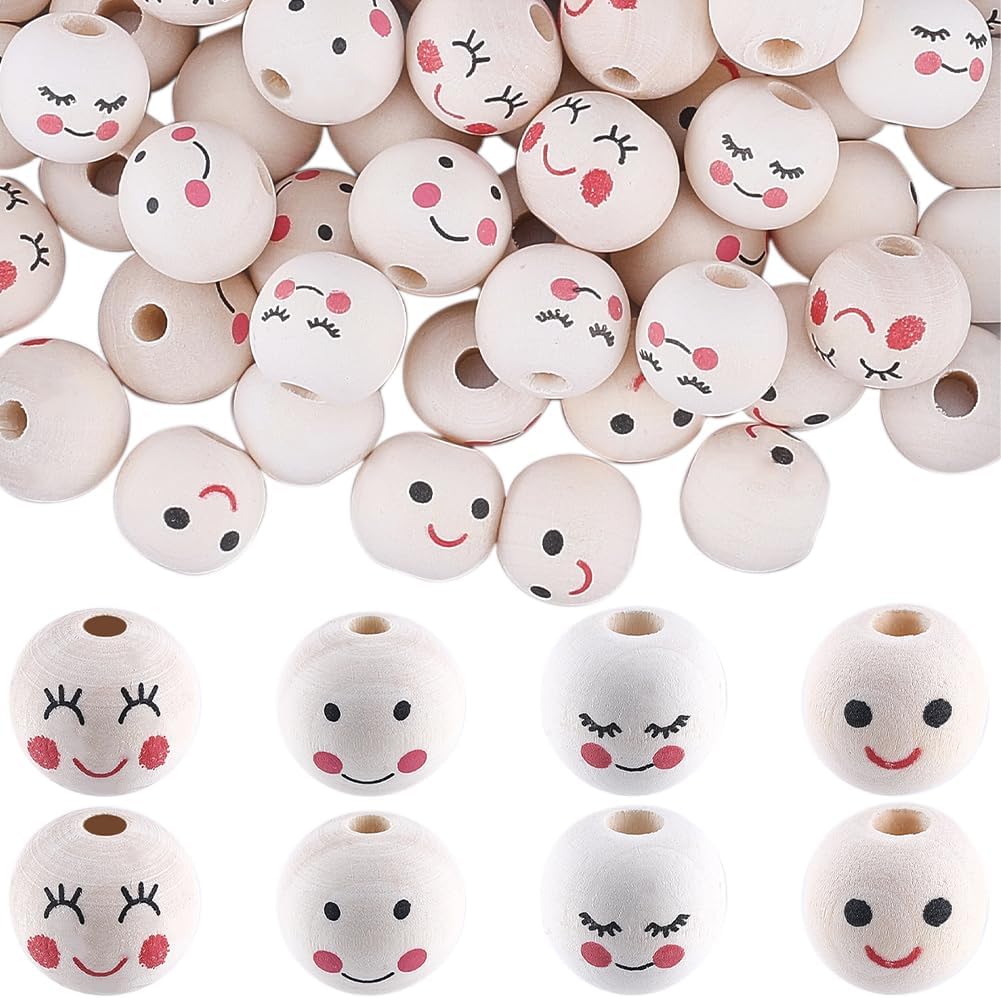 GORGECRAFT 100PCS 4 Styles Smile Face Wooden Bulk Beads Large Natural Wood Round Ball Beads Spacer 5MM Hole Doll Head Ball for DIY Craft Christmas Garland Project Holiday Festival Decorations Jewelry